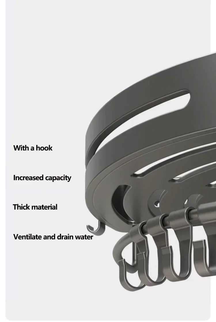 Estante de baño AquaNest™: almacenamiento de esquina sin taladros con ganchos