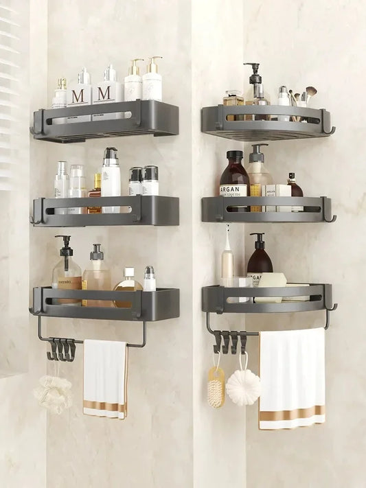 AquaNest™ Bathroom Rack – Drill-Free Corner Storage with Hooks