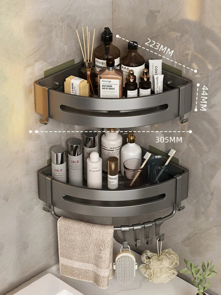 Estante de baño AquaNest™: almacenamiento de esquina sin taladros con ganchos