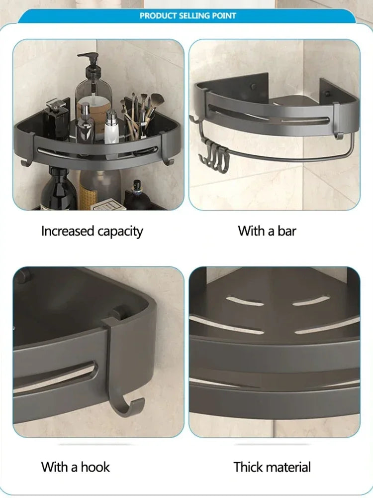Estante de baño AquaNest™: almacenamiento de esquina sin taladros con ganchos