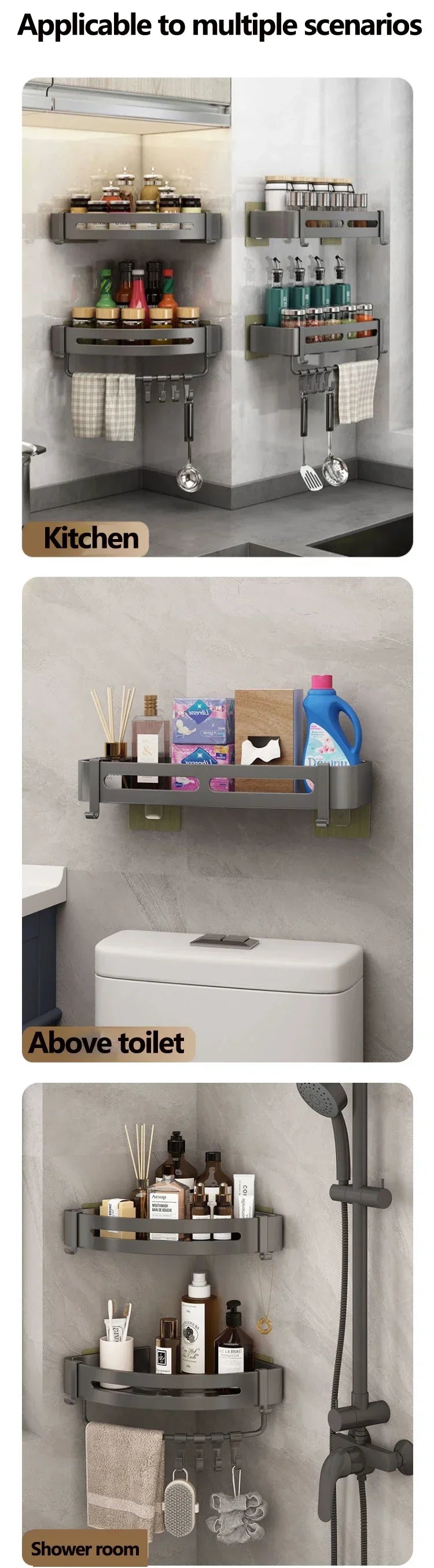 Estante de baño AquaNest™: almacenamiento de esquina sin taladros con ganchos